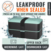 A bento-style food container with a mint green and black design, shown with water splash graphics and text highlighting leakproof sealing, microwave safety, dishwasher safety, and upper rack placement. The brand name Bentoheaven is visible on the container and as a vertical logo on the right.
