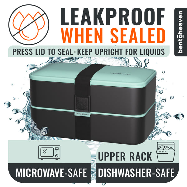A bento-style food container with a mint green and black design, shown with water splash graphics and text highlighting leakproof sealing, microwave safety, dishwasher safety, and upper rack placement. The brand name Bentoheaven is visible on the container and as a vertical logo on the right.