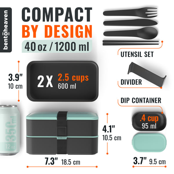 Compact 40 oz / 1200 ml bento box set with utensil set, shown with dimensions and labels on a white background. The bento box is black with mint green accents, and the utensils are black.