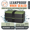 A two-tier bento container by Bentoheaven, featuring an olive green top and black body with a black strap closure. The image is a promotional graphic with water splash effects, text reading 'LEAKPROOF WHEN SEALED', and feature badges indicating 'MICROWAVE-SAFE' and 'DISHWASHER-SAFE'.