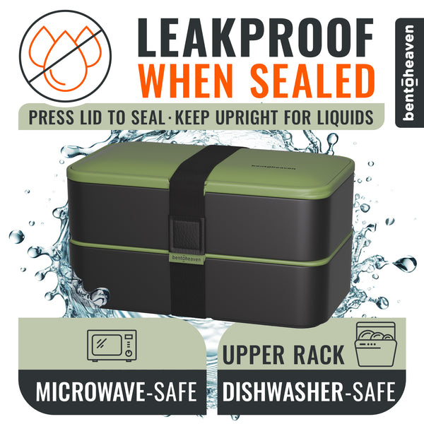 A two-tier bento container by Bentoheaven, featuring an olive green top and black body with a black strap closure. The image is a promotional graphic with water splash effects, text reading 'LEAKPROOF WHEN SEALED', and feature badges indicating 'MICROWAVE-SAFE' and 'DISHWASHER-SAFE'.