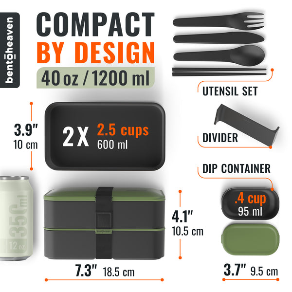 A product infographic for a compact 40 oz / 1200 ml bento box set by Bentoheaven, showing the main bento container, utensil set, divider, and dip container with dimensions and cup capacities on a white background.