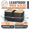 Bentoheaven leakproof bento box with a black body, light wood grain top, and black strap closure, shown with water splash graphics and text highlighting leakproof sealing when properly closed, microwave safety, and dishwasher safety.