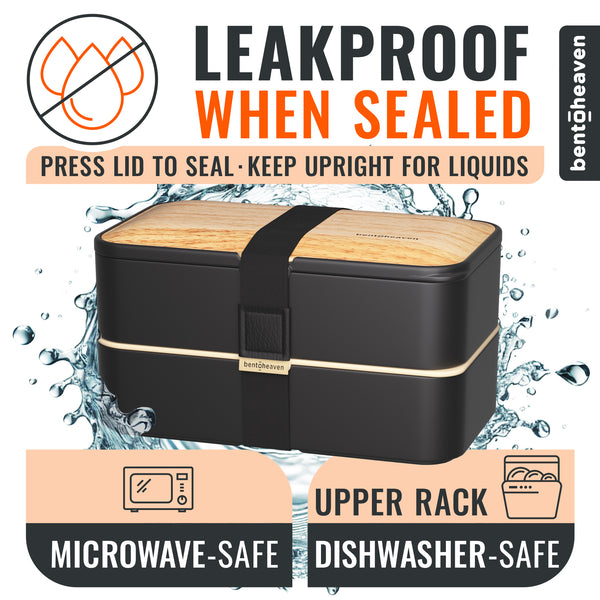 Bentoheaven leakproof bento box with a black body, light wood grain top, and black strap closure, shown with water splash graphics and text highlighting leakproof sealing when properly closed, microwave safety, and dishwasher safety.